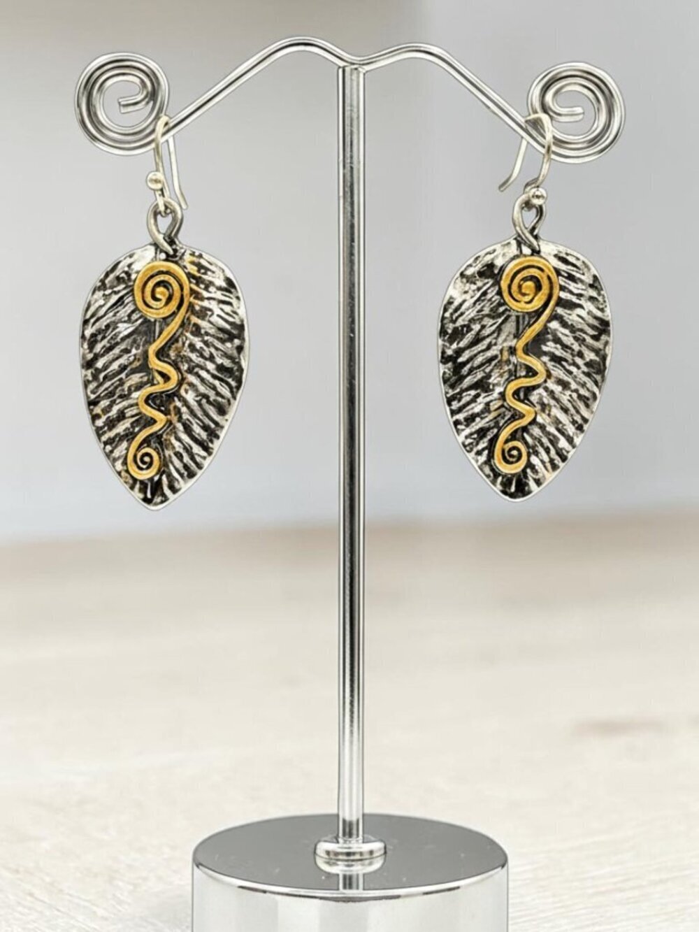 Antique Silver Leaf Drop Earrings with Gold Swirl - Picture 5 of 6